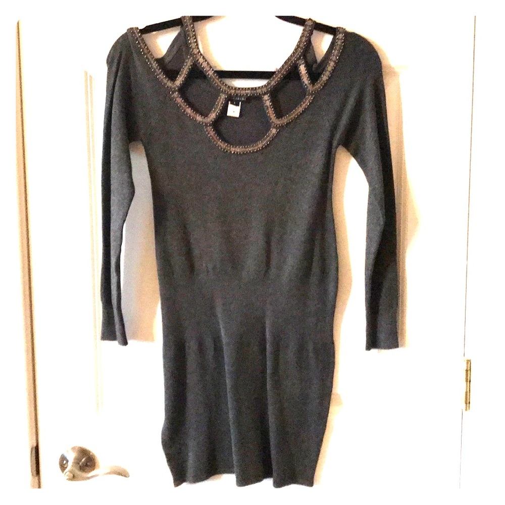 Grey Sweater Dress W/ Beaded Detail
